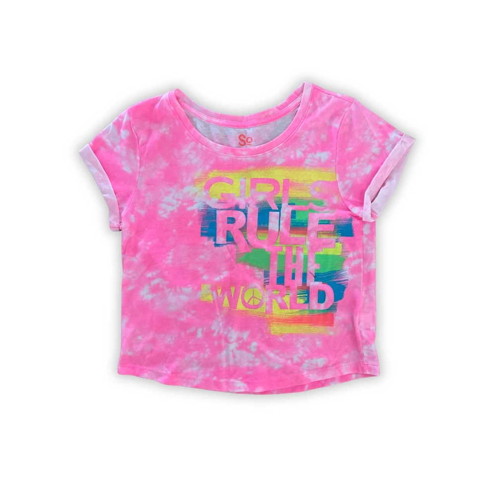 Girls Bright Pink Tie Dye Graphic Cropped Tee Shirt Girls Rule The World XL (16)